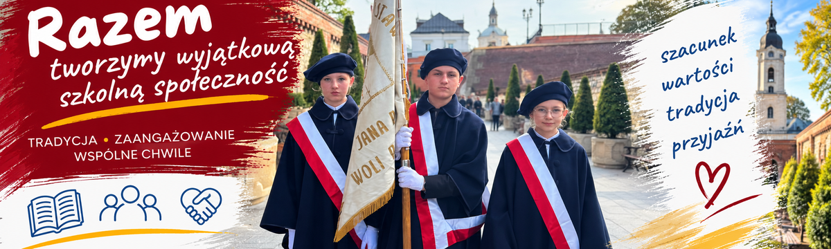 Banner górny numer 3. Razem tworzymy szkolną społeczność. Na zdjęciu widać naszych trzech uczniów z pocztem sztandarowym.